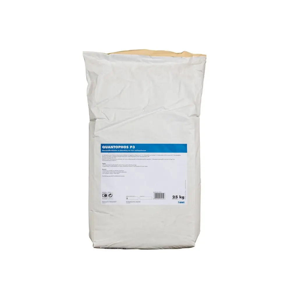Weißer Sack mit Produktinformation, auf dem das Logo von BWT zu sehen ist. Der Inhalt ist als Pulver verpackt und wiegt 25 kg.
